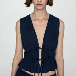 MANGO Navy Front-Tie Top - Size Small